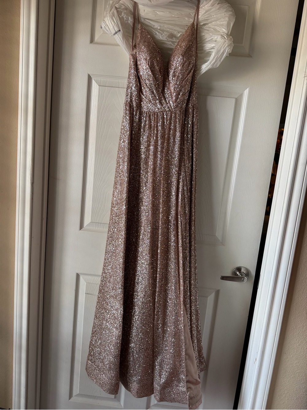 Cinderella Rose Gold Sequin V-Neck Prom Gown